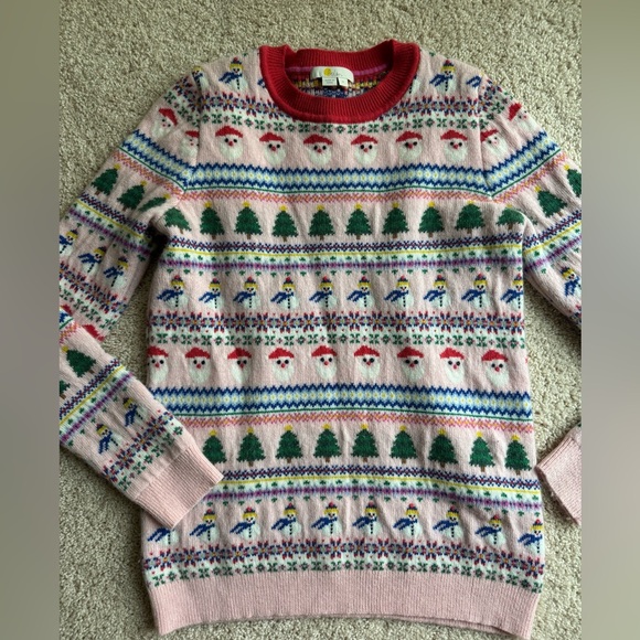 Boden Pink Fair Isle Santa Tree Skiers Women’s Holiday Sweater Size Medium, EUC - Picture 4 of 11